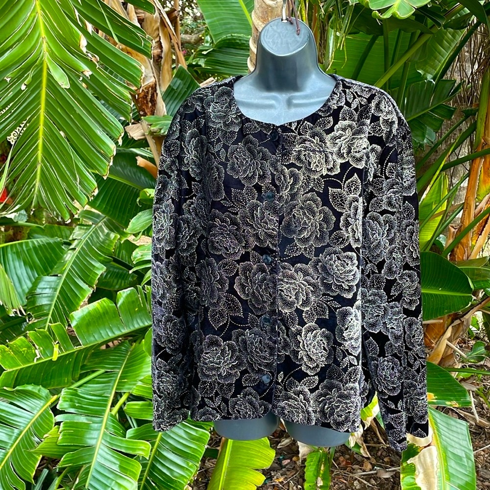 Silver roses on black velvet jacket